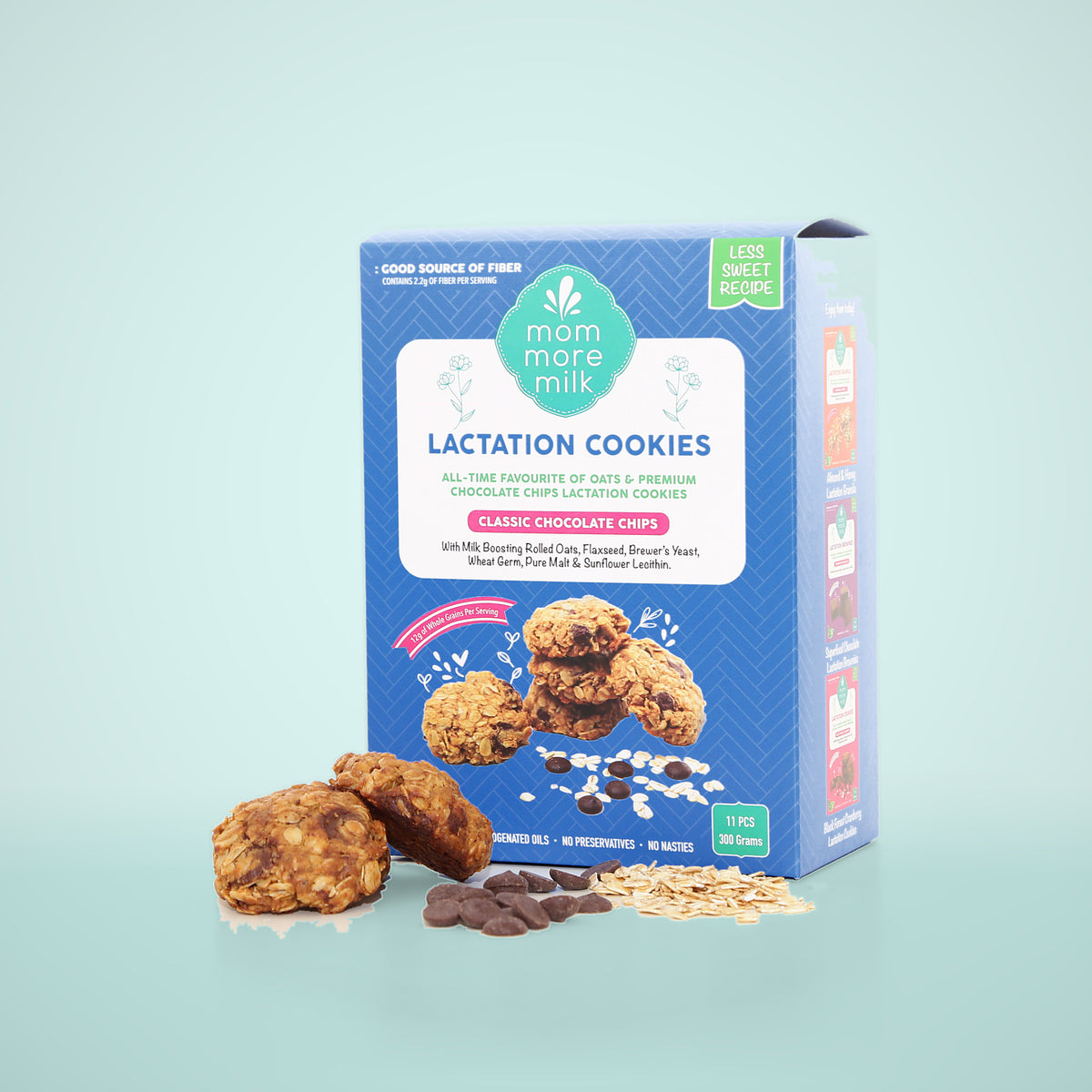 Classic Chocolate Chips lactation cookies box on a mint backdrop