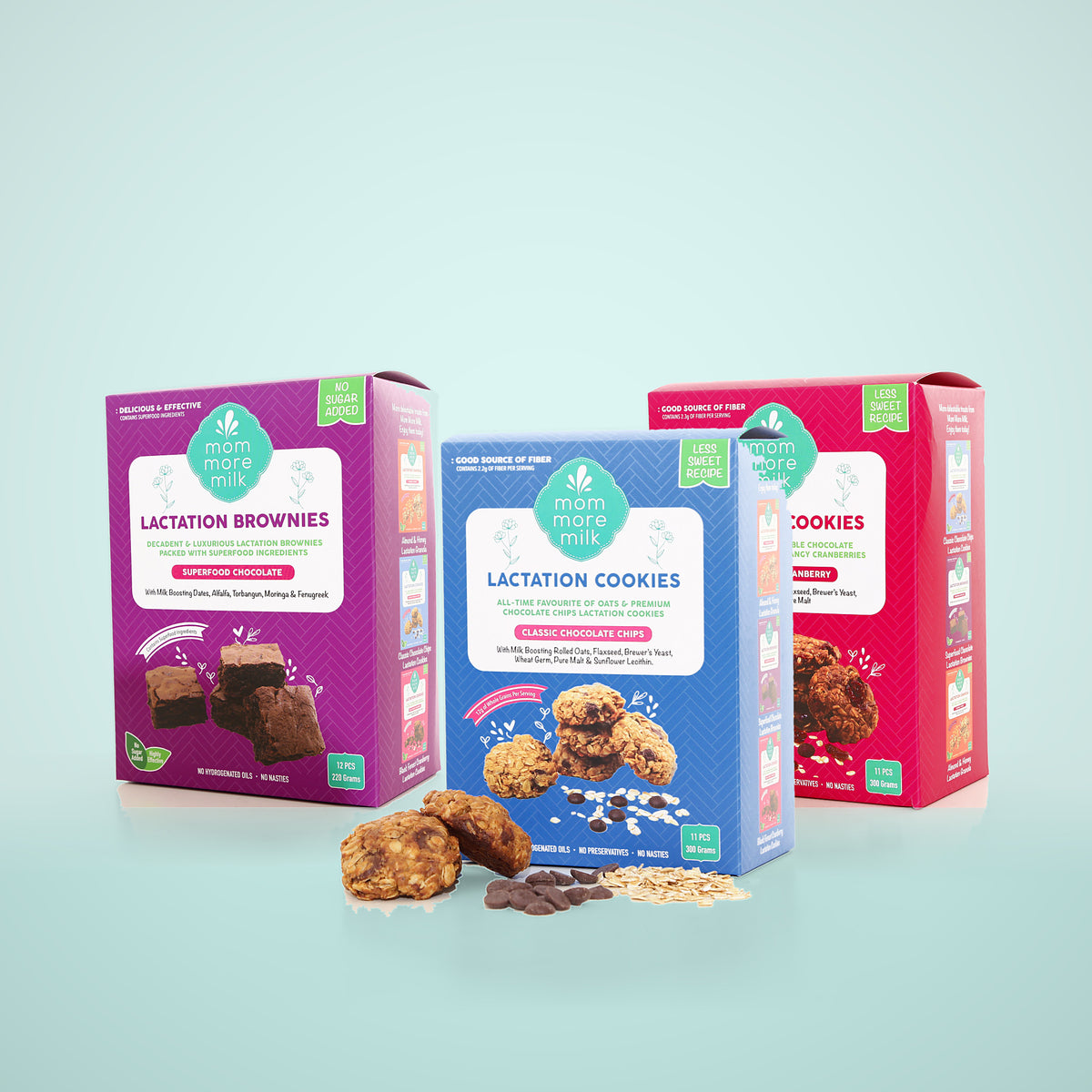 Mom More Milk cookies and brownies boxes together