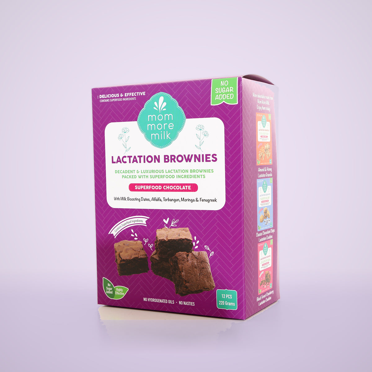 Superfood Chocolate lactation brownies box on a lilac backdrop
